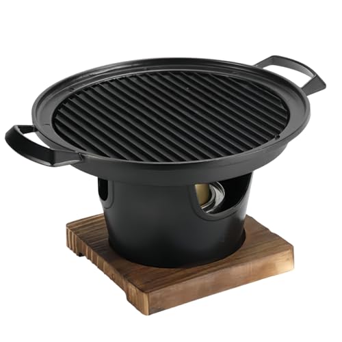 Gamire 焼肉プレート 一人用 二人用 焼肉コンロ 和風 固形燃料対応 ミニ ジンギスカン 鍋 卓上 鋳鉄 丸型 軽量 木台付き 掃除が簡単 アウトドア アウトドア 業務用 家庭用 店?用 (D)