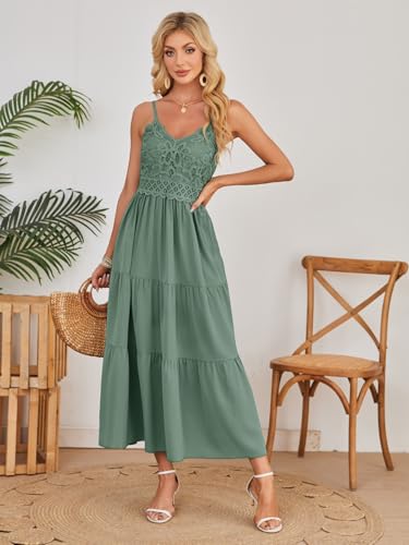 Image of Dokuritu Women's Beach Crochet Lace Maxi Dress Solid Color Summer Vacation Wedding Guest Spaghetti Strap Long Dress