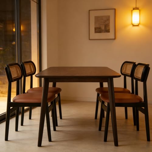 木製ダイニングチェア 2/4/6脚セット、快適なダイニングチェア、寝室用籐編みバックレスト、キッチン、ルーム、リビングルーム、書斎用の傷防止レザー生地 ウォールナット＋緑 2
