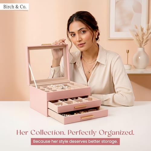 Image of Birch & Co. Jewellery Box - 3 Layer Jewellery organizer storage box, Portable Travel-Friendly Storage. Elegant Super Premium Storage Case for Rings, Earrings, Necklaces & Bracelets, Blush