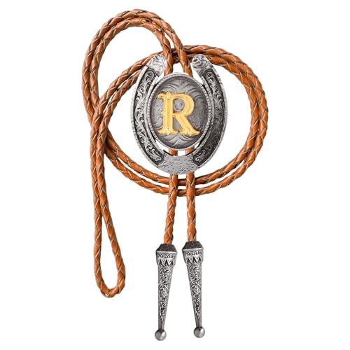 Image of Vintage Western Cowboy Monogram Initial Letter Bolo Tie for Men | Premium brown braided leather, adjustable sliding clasp, anti-tarnish alloy pendant, versatile A-Z western bolo tie