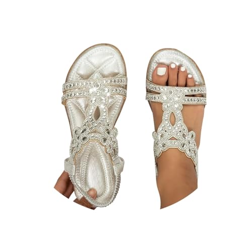 Silver Flat Sandals for Women Sparkly Sandals Wedding Shoes Sparkly Flip Flops Women Glitter Sandal for Womens Bohemian Rhinestone Flat Shoes Fashion Holiday Beach Open Toe Sandal