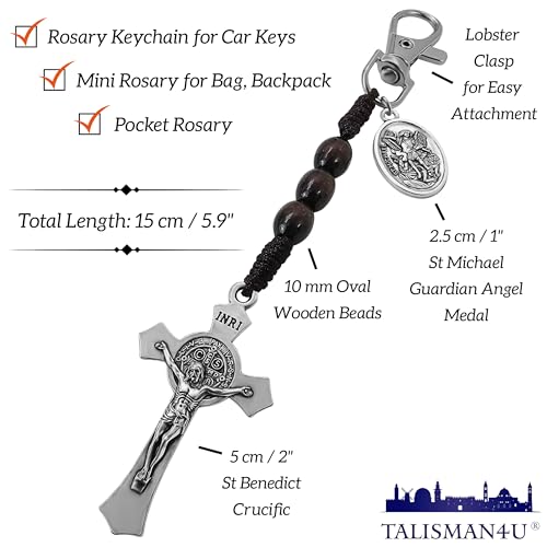 Image of TALISMAN4U Catholic Rosary Keychain for Car St Benedict Cross Saint Michael Guardian Angel Medal Pocket Rosary Key Chain Religious Accessory Wood Beads