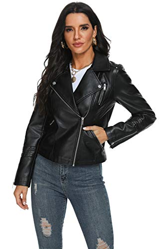 Fahsyee Women's Leather Jackets, Faux Motorcycle Plus Size Moto Biker Coat Short Lightweight Vegan Pleather Fashion, Black, Xl #TOP2