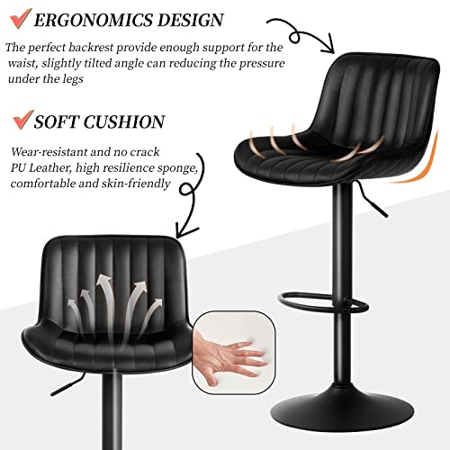 Younuoke Black Upholstered Bar Stools Set Of 2 Counter Height Modern Adjustable Swivel Bar Chairs With Backs Mid Century Pu Leather Padded Barstools For Home Kitchen Island #TOP5