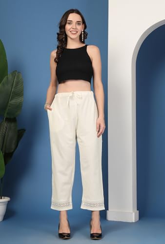 Image of Pistaa's Women's Pure Cotton Regular Hem Design Solid Palazzos