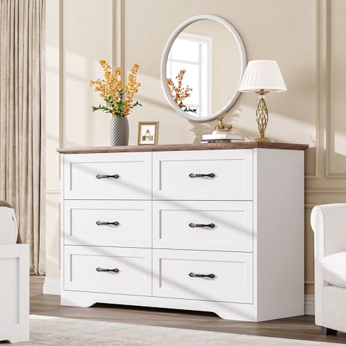 GarveeHome 6 Drawers Dresser for Bedroom, Chest of Drawers with Wide Metal Handle, Farmhouse Modern Wooden Dresser, Storage Organizer Dressers for Bed