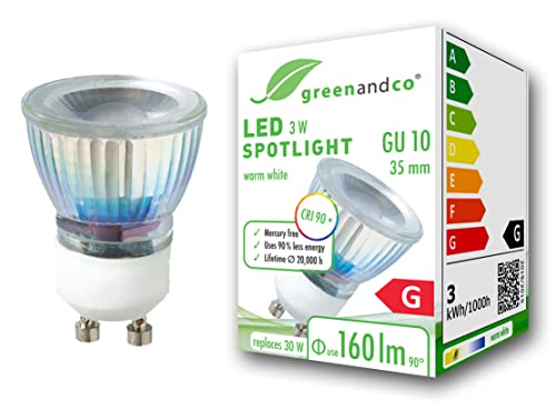 greenandco® IRC 90+ Spot à LED GU10 35mm 3W équivalent 30W, 160lm 3000K blanc chaud 50° 230V AC, aucun scintillement, non graduable Cover