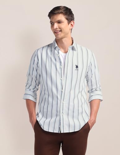 Image of U.S. Polo ASSN. Striped Regular Fit Cotton Shirts for Men - 100% Cotton, Full Sleeve Mens Casual Shirts