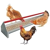Chicken Feeding Trough, 115cm Heavy-Duty Galvanised Steel Poultry Feeder Trough with Drainage Holes & Rotatable Handle, Large Capacity Easily Store & Strong Animal Feeders Bowl for Coop, Pigeon, DuckR