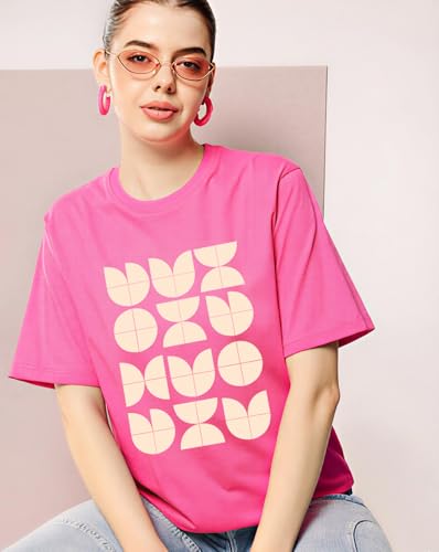 Image of Women's Typography Round Neck Cotton-Blend T-Shirts, Oversized Drop Shoulder Boho Style T-Shirt