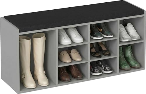 Blisswood Shoe Storage Bench with Padded Seat, Hallway Shoe Organiser with 9 Open Compartments & Adjustable Shelves, Storage Cabinet with Cushion for Living Room, Entryway & Bedroom (Grey)