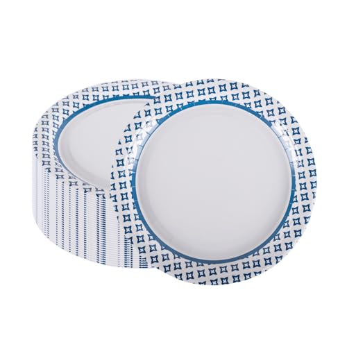 CEILIWEN 50 Assiettes en Papier 9 Pouces (23cm) - Bordure Motif Géométrique Bleu, Résistantes et Imperméables - Pour Fêtes, Événements et Usage Quotidien