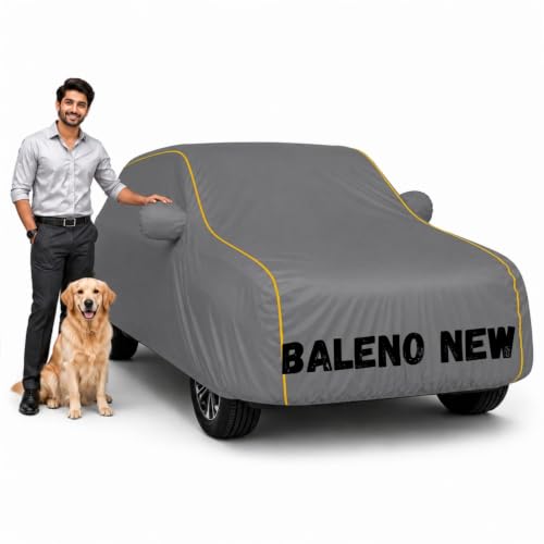 Image of Waterproof Car Cover for Baleno New | Soft Cotton Lining Heavy Duty Triple Stitched Heat Resistant Outdoor Cover Comes with Mirror and Antenna Pocket Full Bottom Elastic (Zig Zag Grey)