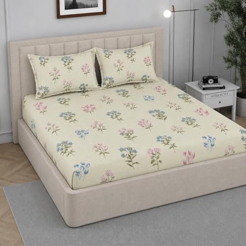 Image of 350 TC Premium Heavy Cotton Feel Elastic Fitted Bedsheet Queen Size with 2 Pillow Covers || Double Bed with All Around Elastic (Cream Leaf, Fitted - 72 inchx78 inch King)