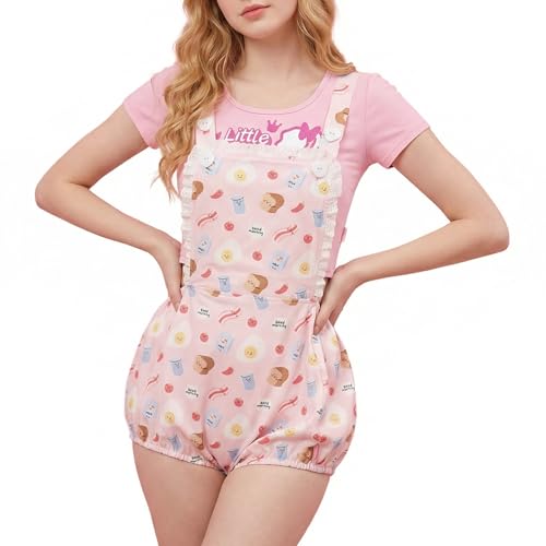 CutiePlusU Cotton Button Crotch Overalls Adult Romper Onesie Shortalls-Breakfast Party M