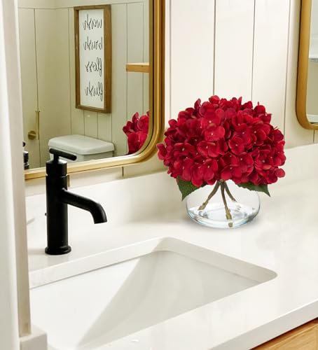 Hollyone Hydrangea Artificial Flowers in Vase Red Silk Fall Fake Flowers Arrangements with Glass Vase with Faux Water Faux Floral Bulk Bouquet for Office Table Centerpiece Shelf Home Decorations - Image 3