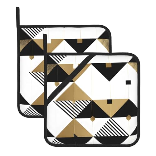 Oven Hot Pads Set of 2 Heat Resistant Pot Holders for Kitchen Cooking Baking BBQ - Fashion Modern Black White Gold Triangles