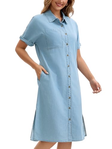 Image of Women's Midi Denim Dress Summer Short Sleeve Button Down Casual Loose Long Tunic Jean Shirt Dress