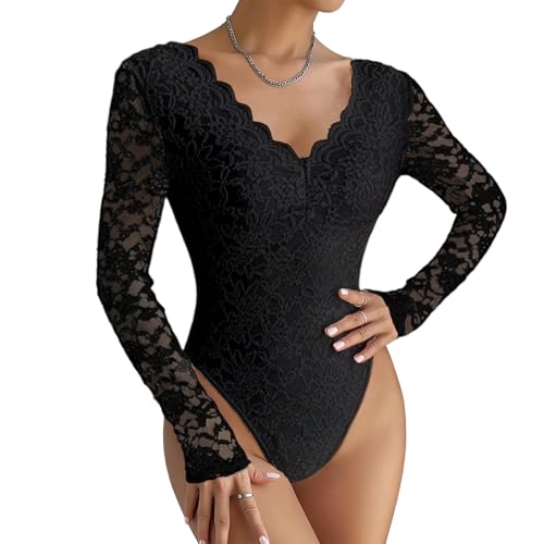 RoomTour Damen Body Spitzen Bodysuit Langarm Elegant Bodys Für Damen Spitzenbody Party Oberteil mit V-Ausschnitt
