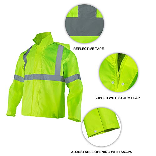 FONIRRA Class 3 High Visibility Rain Suit With Collapsible Hood Lime Reflective Safety Waterproof Worker Jacket & Pants (S/M Yellow)3