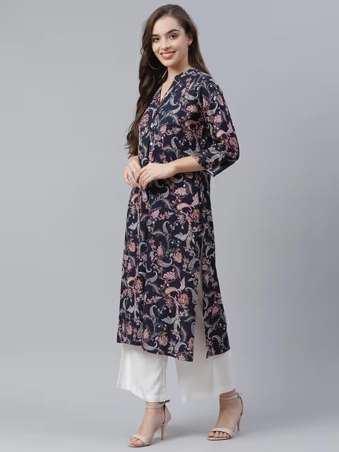 Patlani Women's Crepe Full Stitched Kurti. Dark Blue