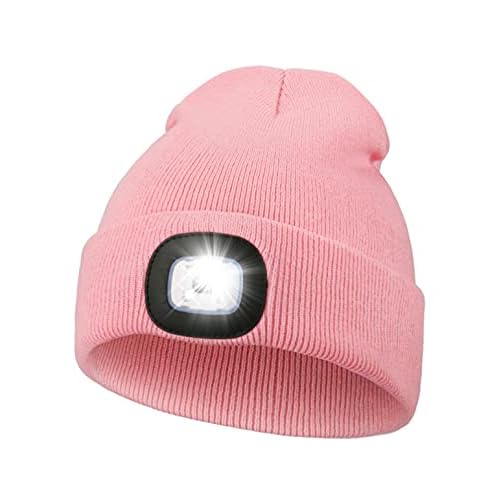 Unisex Beanie Hat with Light, USB Rechargeable Hands Free LED Headlamp Hat, Knitted Night Light Beanie Cap Flashlight Hat, Men Gifts for Dad Father Husband (Pink)