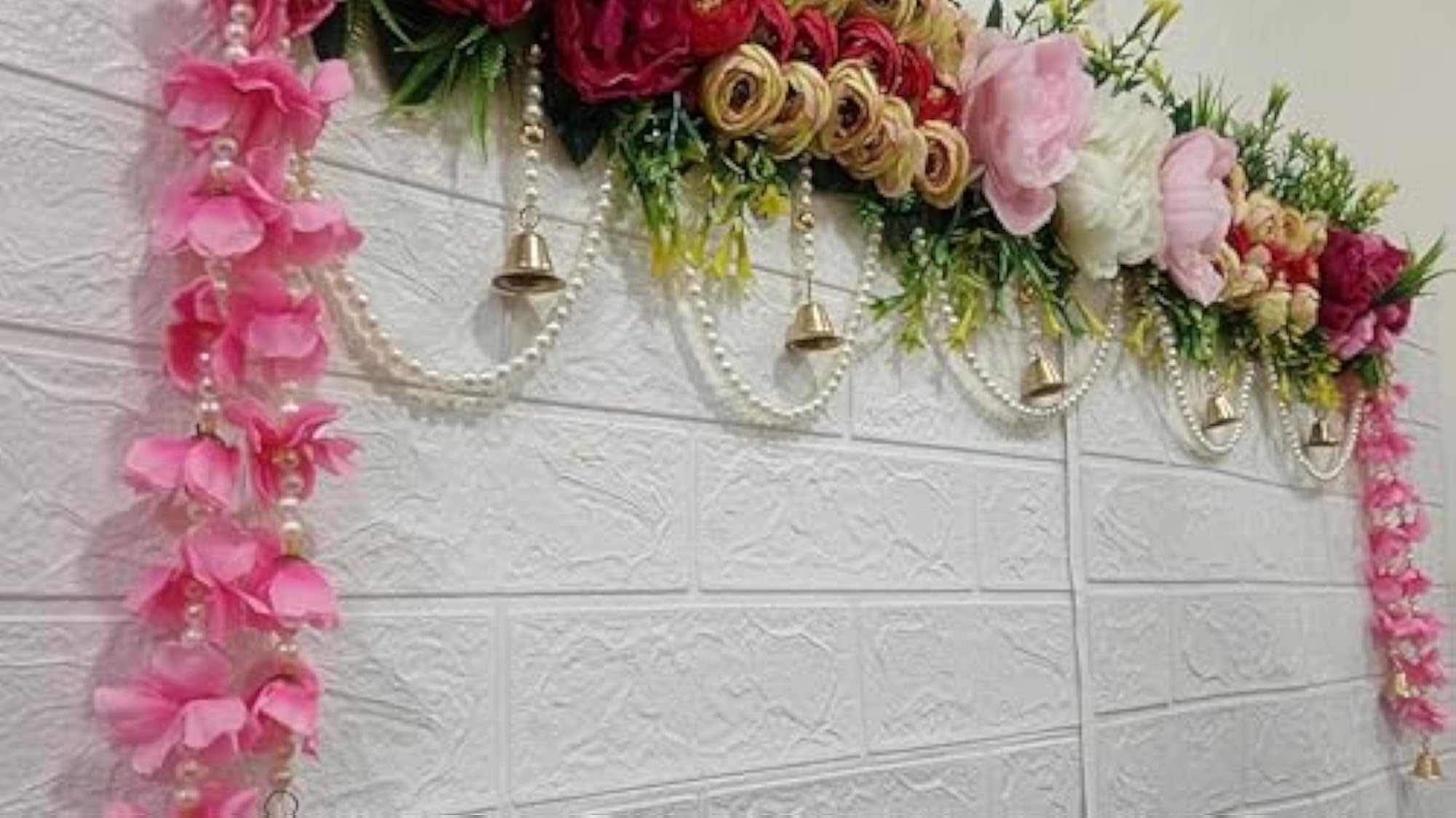 Decorative Peony Beads Flower with Bell Hanging Bandhanwar