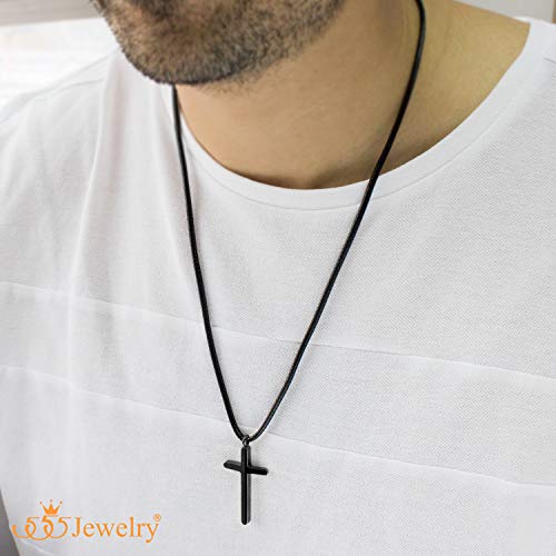 555Jewelry Stainless Steel Pendant Black Cross Necklace For Men, Mens Cross Necklace, Cross Chain For Men, Black Rope Necklace, Boys Cross Necklace - Adjustable Leather Cord Rope #TOP1