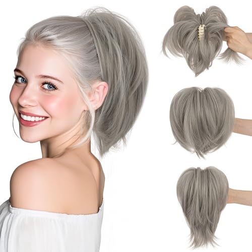 SEGO Claw Clip Short Ponytail Hair Extension 8 Inch With 4 Bendable Metals Messy Bun Hair piece for Women Fake Hair Bun DIY Styles /#88A/89A/109 Dark Grey Mix