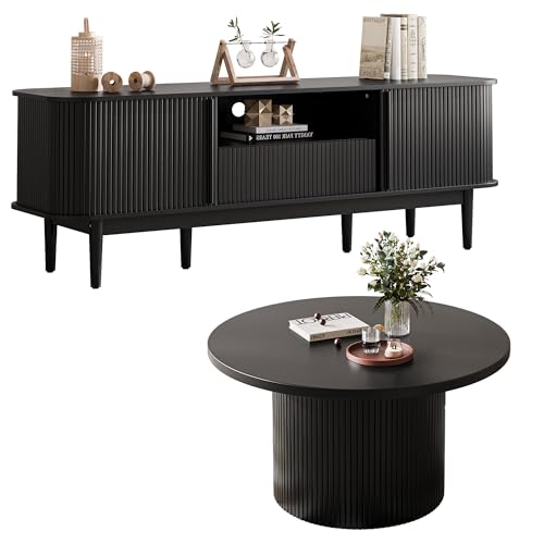 MAISONARIA Living Room Table Sets of 2, Fluted Coffee Table & Dresser TV Stand, Coffee Table with Storage, Sliding Doors TV Stand for Living Room (Black)