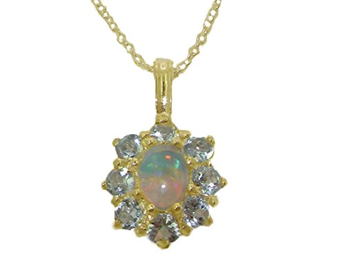 Womens Solid Yellow 10K Gold Opal And Aquamarine Cluster Pendant Necklace With 16" Chain #TOP15