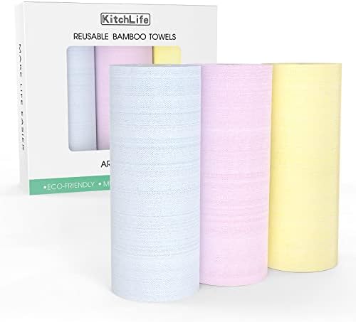 KitchLife Reusable Bamboo Paper Towels - 3 Rolls = 12 Months Supply, Washable and Recycled Paper Roll, Zero Waste Products, Sustainable Gifts, Environmentally Friendly, (Tricolor)