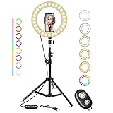 ☀【3 colores clásicos + 8 colores RGB + 10 niveles de brillo】 Anillo luminoso regulable con 3 colores – blanco cálido (3000 K), natural (4500 K), blanco frío (6000 K), luz RGB de 8 colores incluye un solo color y una variedad de otros modos de respiración y parpadeo mezclados de luz RGB.Cada modo de iluminación tiene 10. niveles de brillo y puede se puede cambiar y ajustar con botones.