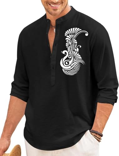 Image of FINIVO FASHION Men's Printed Cotton Blend Short Kurta with Artistic Chest Design | Stylish Full Sleeve Casual Kurta with Mandarin Collar for Daily, Travel Soft Textured