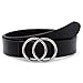 Women's Leather Ring Belt for Jean, Double Circle Buckle Belts Fit Waist 26-42 Inch, Black with Silver Buckle, Fit Waist 30-34 inch