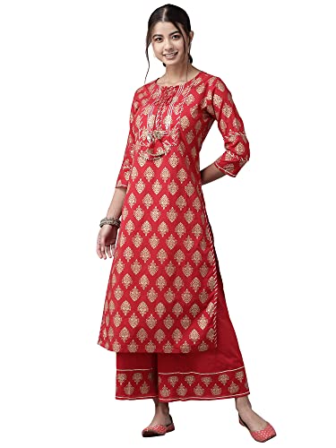 Image of INDO ERA Women's Pure Cotton Printed Straight Kurta with Sharara Set(KS0RD2400)