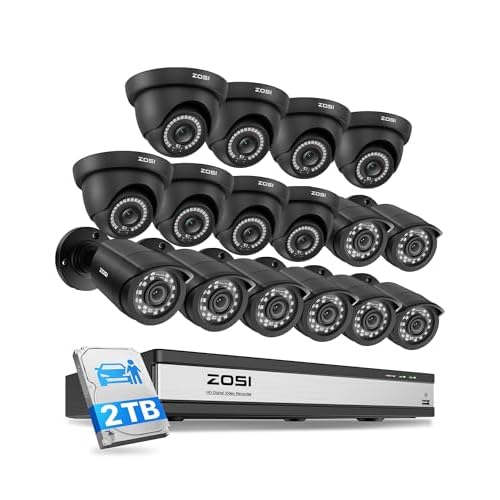 ZOSI 16CH Security Camera System with 2TB HDD, AI Human/Vehicle Detection, 16PCS 1080P Outdoor Indoor Surveillance Cameras, Night Vision, H.265+ 16Cha