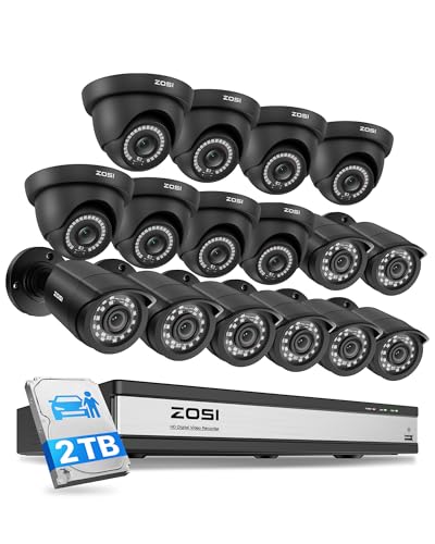 Image of ZOSI 16CH Security Camera System with 2TB HDD, AI Human /Vehicle Detection, 16PCS 1080P Outdoor Indoor Surveillance Cameras, Night Vision, H.265+ 16Channel 2MP DVR for 24 /7 Recording, Remote Access