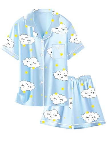 Image of Schbbbta Girls Womens Pajamas, Satin Silky Pjs Set Kids 2Pcs Button-Down Nightwear Sleepwear Gift for Mommy and me