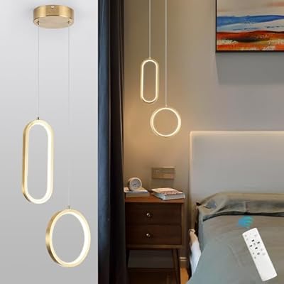Jyforid Gold Modern Mini LED Pendant Light with Remote Control, 2 Ring 24W 3-Color Temp Stepless Dimmable Ceiling Hanging Light for Bedroom Kitchen Island Dining Room Foyer Entryway