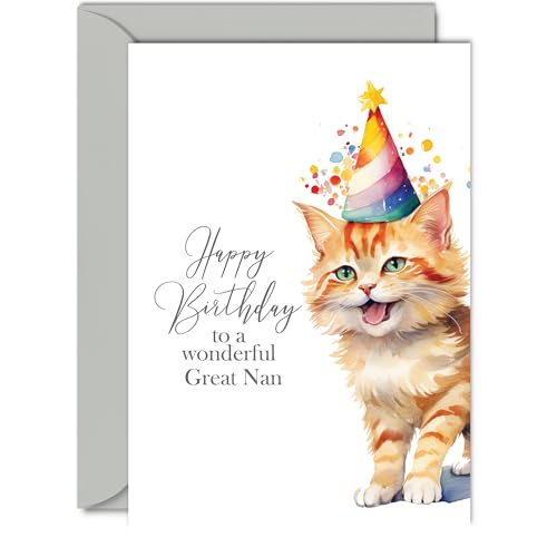 Birthday Cards for Nan - Party Hat Cat Kitten - Happy Birthday Card for Great Nan from Great Grandson/Granddaughter, A5 Bday Gifts Greeting Cards for Her