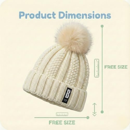 Image of Kraptick Women's Winter Cap - Knit Beanie with Soft Fleece Lining Hat, Stylish Pom Pom Thick Woollen Skull Cap, Warm Hat for Ladies & Girls -3