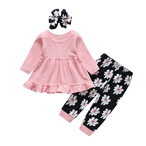 Image of Toddler Baby Girl Clothes Solid Color Long Sleeve Ruffle Tops Pants Headband Outfits Set