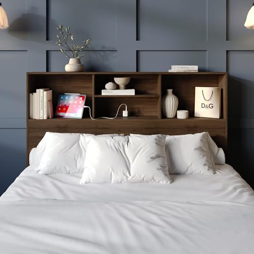 HOME DESIGN Pomona King Freestanding Bookcase Storage Headboard with Built-in Power Outlet and Shelves, Brown