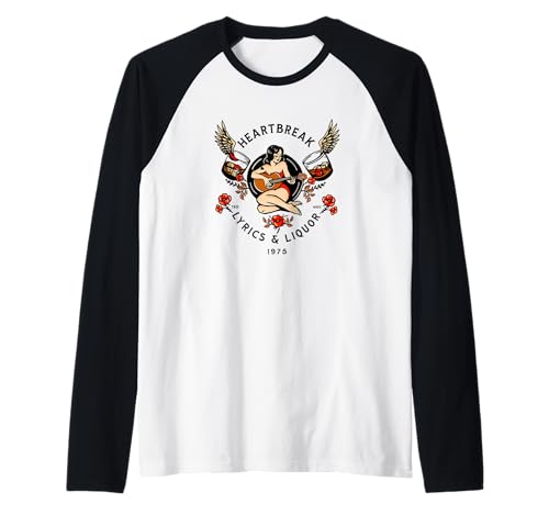 Heartbreak Lyrics & Liquor. Vintage Pinup Girl Guitar Art Raglan Baseball Tee