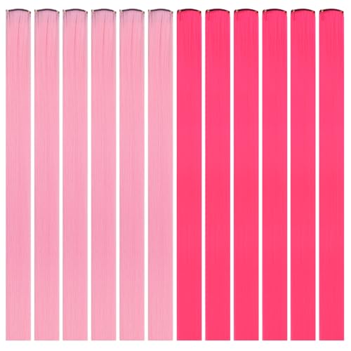 IDN BEAUTY Colored Clip in Hair Extension, 12PCS Hot Pink 24Inch Invisible Clip Straight Synthetic Hair Pieces for Women, Hair Accessories for Party Cosplay Travel Birthday