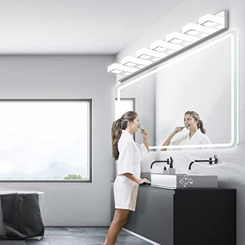 Image of Ralbay 46 inch Modern LED Chrome Vanity Lights 7 Lights Acrylic Stainless Steel LED Vanity Light Fixtures Chrome Bathroom Lighting Over Mirror