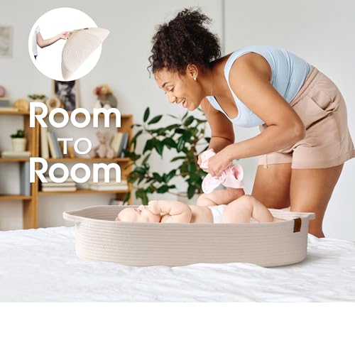 Baby Changing Basket Includes Diaper Caddy - Soft & Waterproof Dual-Cover, Portable, Changing Pad for Dresser & Changing Table, Gift for Baby Shower, Organic Cotton Rope