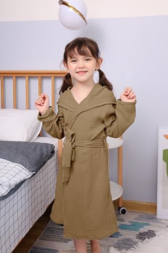 Image of Organic Cotton Toddler Bathrobe, Soft and Breathable Baby Robe for Kid, Boy& Girl Hooded Robe Muslin